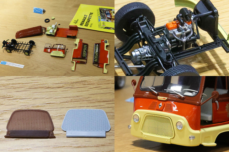 先の「ルノー・エスタフェ」。写真左上から時計回りに見ていくと……。【左上】完成後も内部が見られるように、パネルやシャシーに磁石を付けて組み立て／分解ができるようにしている。【右上】吸排気系やリブの入ったトランスミッションケースなど、かなり精密に表現されたパワートレイン。【右下】フロントグリルの出来がいいと思ったら……。【左下】フロントグリルは3Dプリンターによる自作だった。右側がキット本来のグリルで、左側が3Dプリンター製。分かりにくいが、ちゃんと網目が抜けている。