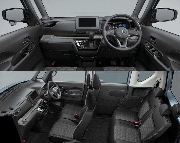 最廉価となる「G」のインテリア。「デリカミニ」ではグレードや駆動方式による内外装デザインのちがいは少なく（ホイールとシートバックの仕立て程度）、外装の装飾類も、インテリアトリムもシート表皮も、基本的に全車共通となっている。