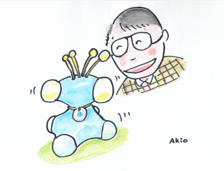 1985年に「つくば科学万博」で入手した「ベビーロボット」を楽しむ、大学生時代の筆者の図。