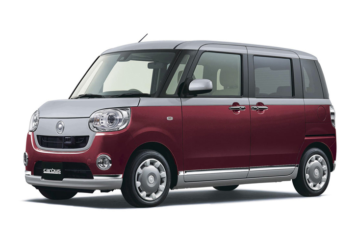 「ムーヴ キャンバス」のカラーバリエーション。写真のボディーカラーは、スムースグレーマイカメタリック×ファイアークォーツレッドメタリック。