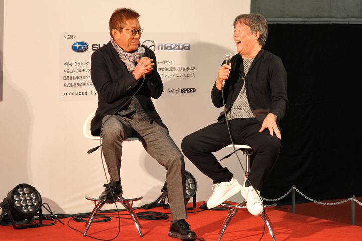 2月18日に行われたレジェンドドライバーのトークショー。かつて日産とトヨタの看板を背負った、星野一義（写真右）と館 信秀（同左）という珍しい顔合わせだったが、同じ1947年生まれで、インパルとトムスというチーム／ブランドの代表ということでも共通点のある2人。マイナーツーリングで火花を散らした若手時代の話を中心に盛り上がった。