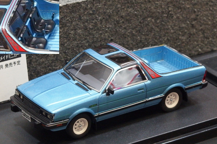 ハイ・ストーリーの「スバル・ブラットGL」。「レオーネ」をベースとする輸出専用ピックアップの2代目をモデル化したもので、荷台に設置されたサブシートにはアシストグリップも再現されている。9200円で2017年10月発売予定。