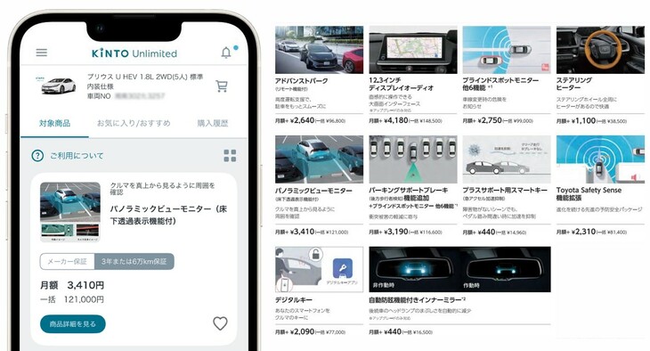 KINTO Unlimitedにおけるアップグレードサービスのイメージ。今回のキャンペーンでは、これらのアイテムにかかる費用が最大8万円分、JCBギフトカードのプレゼントというかたちでサポートされる。