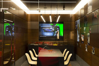 ミーティングなどが行える独立したスペースも完備。壁には日本の伝統的な組子細工がちりばめられている。