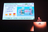 スバル独自のハイブリッドシステムの特徴を説明する、専務執行役員の大拔哲雄氏。