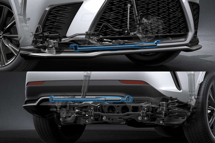 走りに関する専用装備としては、電子制御ダンパー「NAVI・AI-AVS」や、車体のしなりや微振動を速やかに吸収する「パフォーマンスダンパー」（写真）が挙げられる。