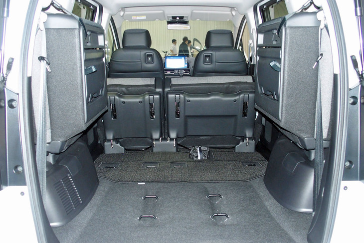 セカンド／サードシートを折りたたんだ7人乗り仕様の荷室。新開発のサードシートは、跳ね上げ機構の刷新と前代モデルよりも左右それぞれ1.3kg軽量化されたことにより、収納・固定がより簡単に行えるようになった。