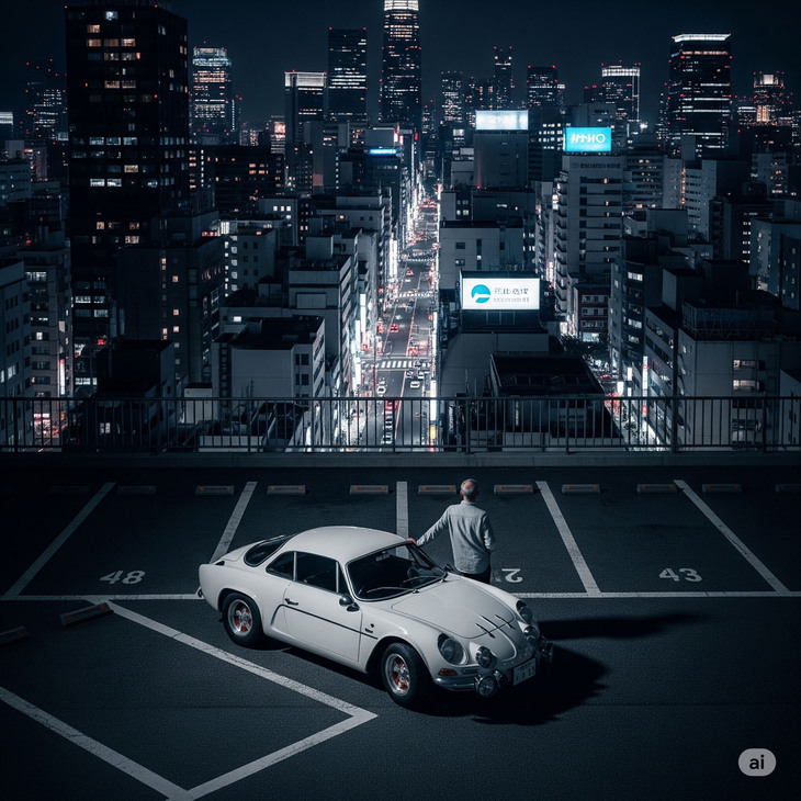 ロケハンやライティングの苦労とは無縁に、夜の都会を俯瞰（ふかん）する画像が簡単に手に入る。細かく見るとおかしなパーツが散見される「A110」だが、なにより気になるのは、隣に立つ男性の頭頂部だ。