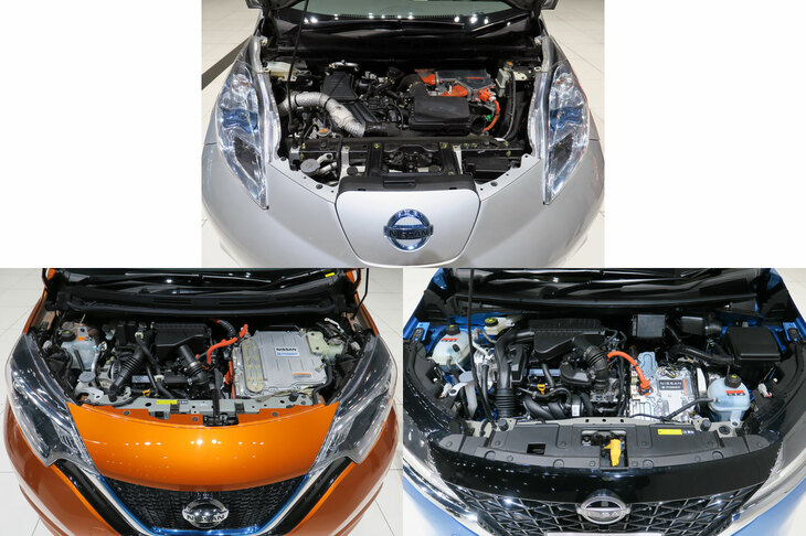 「e-POWER」試作車（上）と第1世代「ノートe-POWER」（左下）、第2世代「ノートe-POWER」（右下）のエンジンルーム。第2世代ノートe-POWERでは、インバーターが大幅にコンパクト化している。