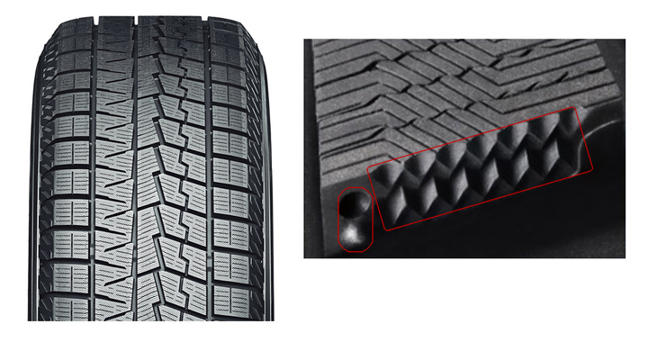 トレッドセンター部に施した「クワトロピラミッド グロウン ディンプルサイプ」により、摩耗時もエッジ効果がキープされる。