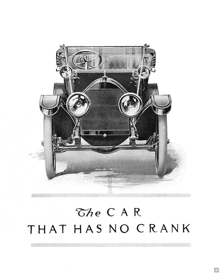 1912年型「キャデラック・モデル30」の広告。クランクレバーが備わらないことが高々とうたわれている。
