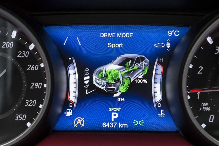 メーター上のディスプレイには、選択中のドライブモードや車高のレベル、タイヤ空気圧などが表示される。