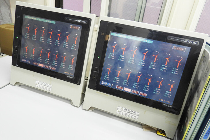 管理棟にて、風車の稼働状態を表示するモニター。広大なオトンルイ風力発電所だが、その保守管理に携わるスタッフがたったの2人ということにも驚いた。