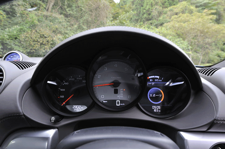 エンジン回転計を中心に据える3連メーター。右側にはカラーのマルチインフォメーションディスプレイを装備する。