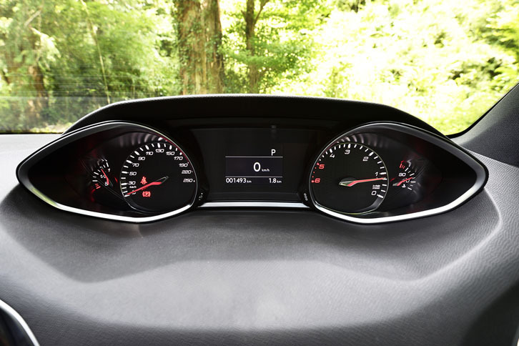 ドライバーの前方視界と連続するように配置された「ヘッドアップインストルメントパネル」。左が速度計（針は右回り）で右がエンジン回転計（左回り）。