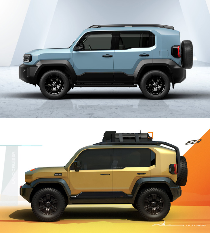 「ランドクルーザー“FJ”」（上）とそのデザインスケッチ（下）。ボディーに対するフロントタイヤの位置や、フロントオーバーハングの長さの違いに注目。