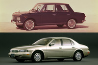 “尻下がり”のデザインが特徴的な、“410”こと2代目「ダットサン・ブルーバード」と「日産レパードJフェリー」。ともに市場からは受け入れられず、販売はふるわなかった。