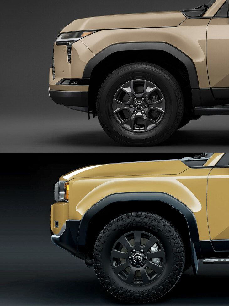 「レクサスGX」（上）と「トヨタ・ランドクルーザー“250”」（下）の“横顔”の比較。ヘッドランプの形状もあり、後者ではタイヤに対してフロントがやや遠くに、突き出て感じられる。
