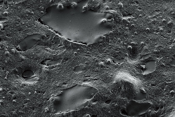 “エボ吸水ホワイトゲル”の顕微鏡写真（2500倍モード）。“新マイクロ吸水バルーン”とともに、タイヤの表面の空洞によって、効率的に水膜を除去する。