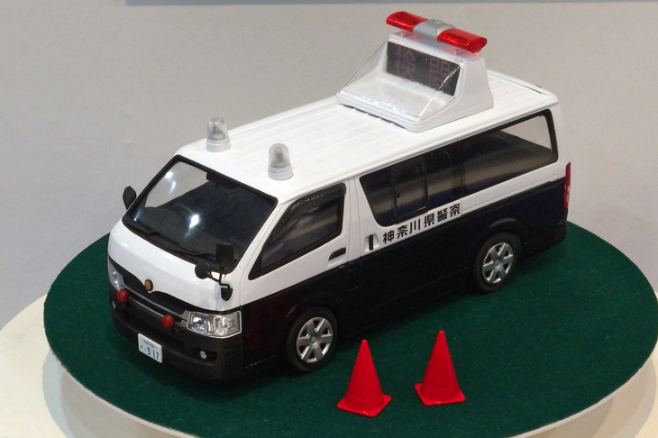 できればお世話になりたくないクルマのキットであるアオシマの1/24「トヨタ・ハイエースTRH200V交通事故処理車'07」。2019年12月発売予定で価格は3400円。
