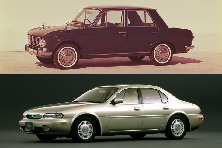 “尻下がり”のデザインが特徴的な、“410”こと2代目「ダットサン・ブルーバード」と「日産レパードJフェリー」。ともに市場からは受け入れられず、販売はふるわなかった。