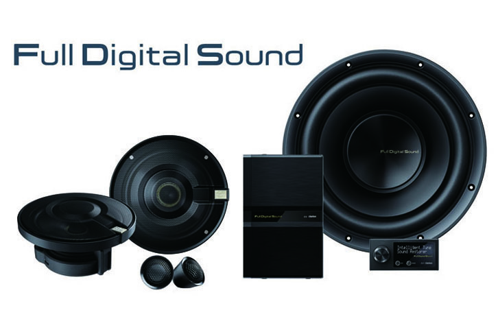 今回、国内初公開されたフルデジタルサウンドシステムの新製品は、「Z7」（写真左のスピーカー×2）、「Z3」（中央のプロセッサー、ツイーター×2、コマンダー）、「Z25W」（右のウーファー）で構成される。