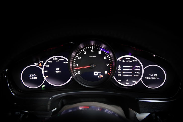 メーターは5連、中央にタコメーターが配置される。レッドゾーンは6800rpmから。