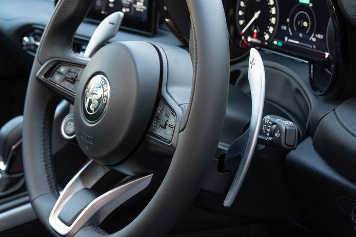 大型のシフトパドルはステアリングコラムに設置されており、ハンドルを切っても位置が変わらない。「エディツィオーネ スペチアーレ」および「ヴェローチェ」に装備される。