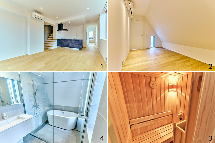 【1】窓の高さを天井の位置まで確保するなど、3階の居住スペースは採光にこだわっている。結果として、明るく健康的な雰囲気の空間に仕上がっている。【2】3部屋のうちのひとつは、屋根裏のような雰囲気。どう使うか、考えるだけでわくわくする。【3】自然光が気持ちのいいバスルーム。水風呂にして、隣のサウナと交互浴を楽しむのもよさそうだ。【4】国産ヒノキが使われるサウナの扉を開けると、ヒノキ特有の香りに包まれる。リラックス効果は抜群だ。