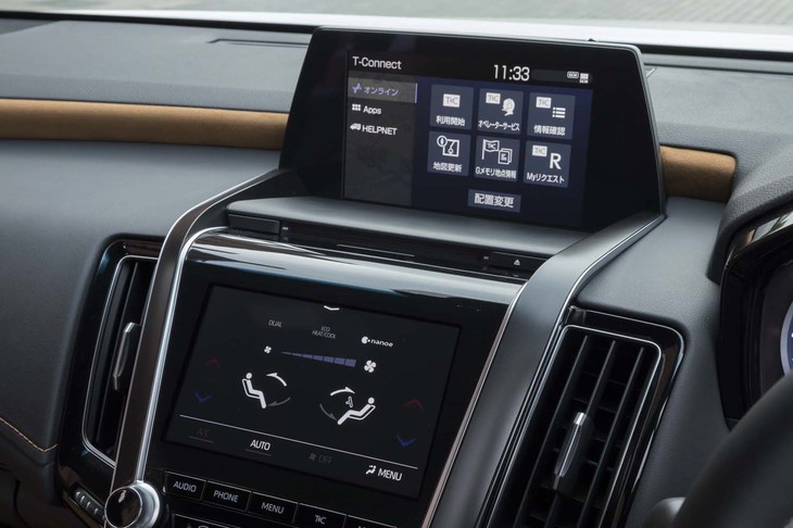 センターには、表示専用の上段（8インチ）とタッチパネル式の下段（7インチ）からなる、機能的な「ダブルディスプレイ」が備わる。