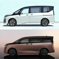 ミドルサイズの「セレナ」（上）と新型「エルグランド」（下）の比較。ボディーの厚みやガラスエリアの広さは違うが……。　
	清水「確かに似てるね」　
	ほった「セレナもすでに、発散系のデザインをしていたんですねぇ」