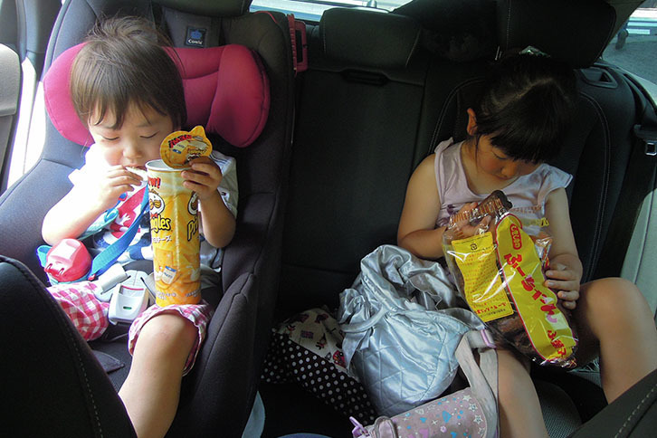 長距離ドライブには欠かせない子供たちのおやつタイム。今回は心強い味方であるダイソンがいるため、好きな菓子をチョイスさせた。（著者撮影）