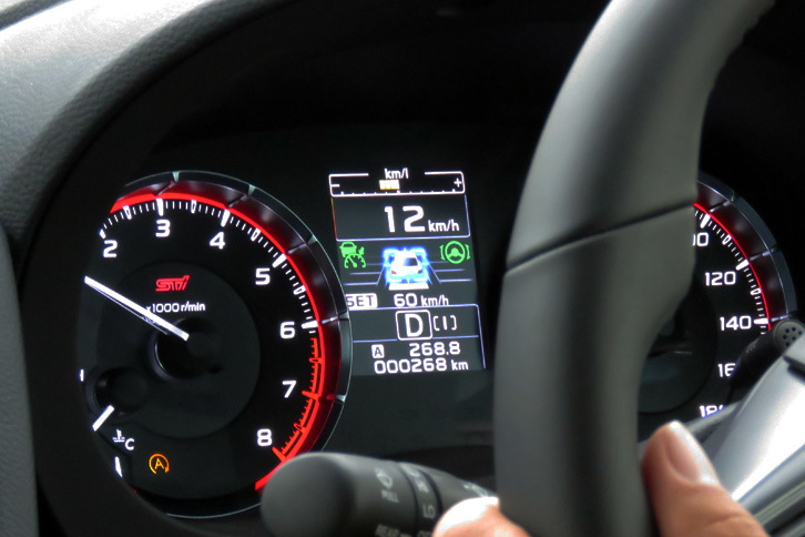 システムの状態はメーター内のマルチインフォメーションディスプレイでも確認が可能。写真はACCと操舵支援の双方が機能しており、操舵支援については車線ではなく、前走車の走行のみを参考に進路を算出していることを示す。