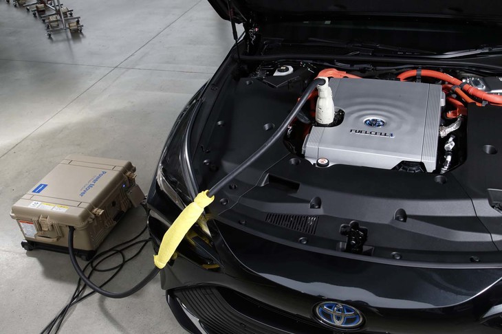 ニチコン製の外部給電器（写真左）を使って大容量給電（最大DC 9kW）ができるのも「ミライ」の強み。非常に公器として役立つことが期待されている。