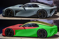 「LFAコンセプト」のボディーの造形は非常に明瞭。ボディーサイドの強いプレスラインが、フロント側の立体と、リア側およびルーフ側の立体との嵌合（かんごう）部になっている。