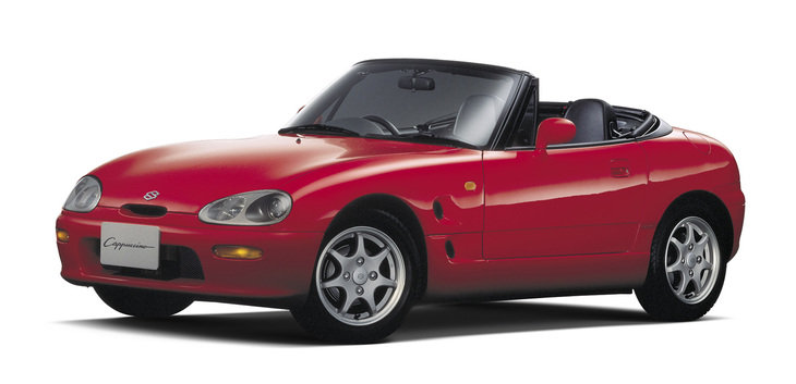1991年に登場した「カプチーノ」。分割着脱式トップを備えたオープン2座ボディーに657ccの直3 DOHCターボユニットをフロントミドシップ。現在に至るまで唯一となるFRの軽スポーツカーである。