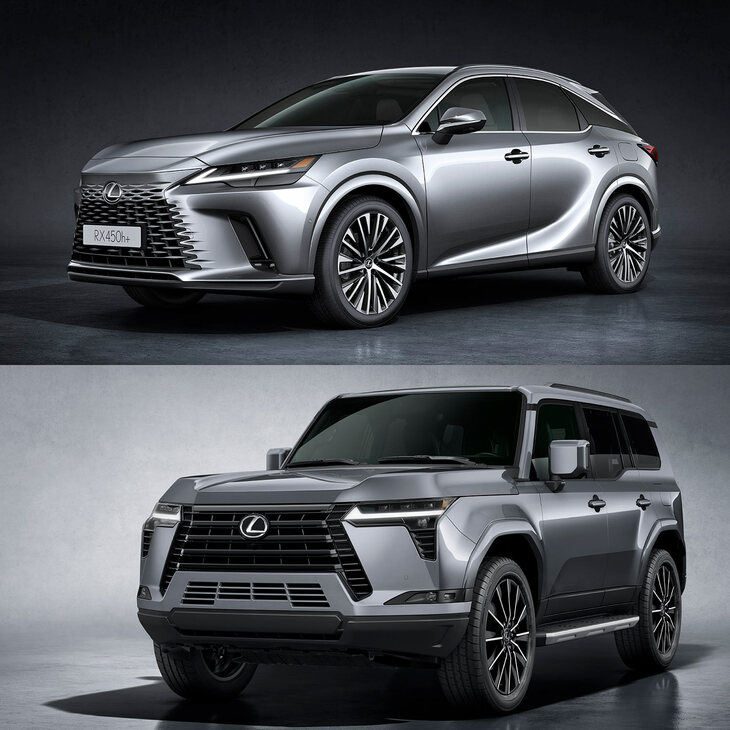 「スピンドルボディー」と称される顔まわりの意匠をはじめ、新世代のレクサスのデザインコンセプトが随所に取り入れられたクロスオーバーSUVの現行「RX」（上）。「GX」（下）はずいぶん趣が異なっている。