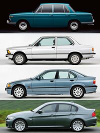 写真上から、1961年に登場した“最初のノイエクラッセ”こと「1500」。1975年登場の「E21」こと初代「3シリーズ」。1990年登場の3代目「E36」では、キャビンを薄くし、後方に寄せることで、FRのプロポーションを強調。2005年登場の5代目「E90」で、今日に続くモダンな面質を手に入れた。ちなみにE90のエクステリアデザインは、日本人デザイナーの永島譲二氏の手になるもの。