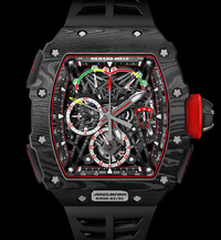 こちらは2017年に発表された「RM 50-03トゥールビヨン スプリットセコンド クロノグラフ ウルトラライト マクラーレンF1」（写真は発表当時のもの）。腕時計の精度を高める超複雑機構を備えながら、希少な軽量素材の採用により、本体は7g、ストラップも含めた総重量でも40gという超軽量を実現した。1億円を超える高価格にて、75本の限定販売。