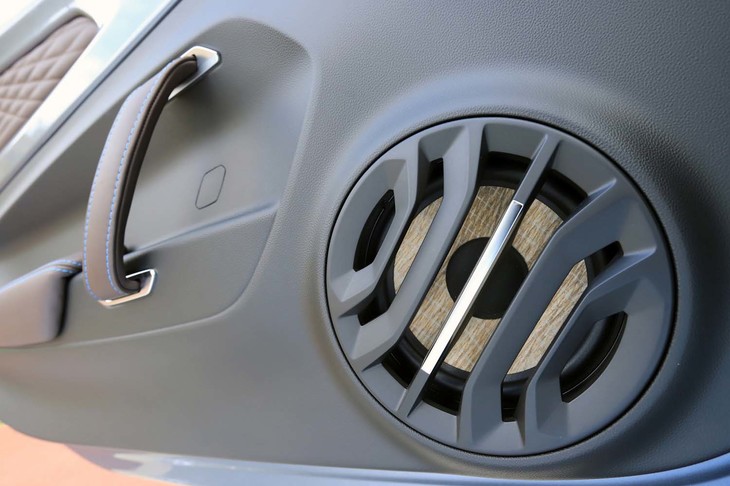 カーオーディオのスピーカーは、フォーカル製の軽量タイプ。素材には仏ノルマンティー産の麻が用いられている。