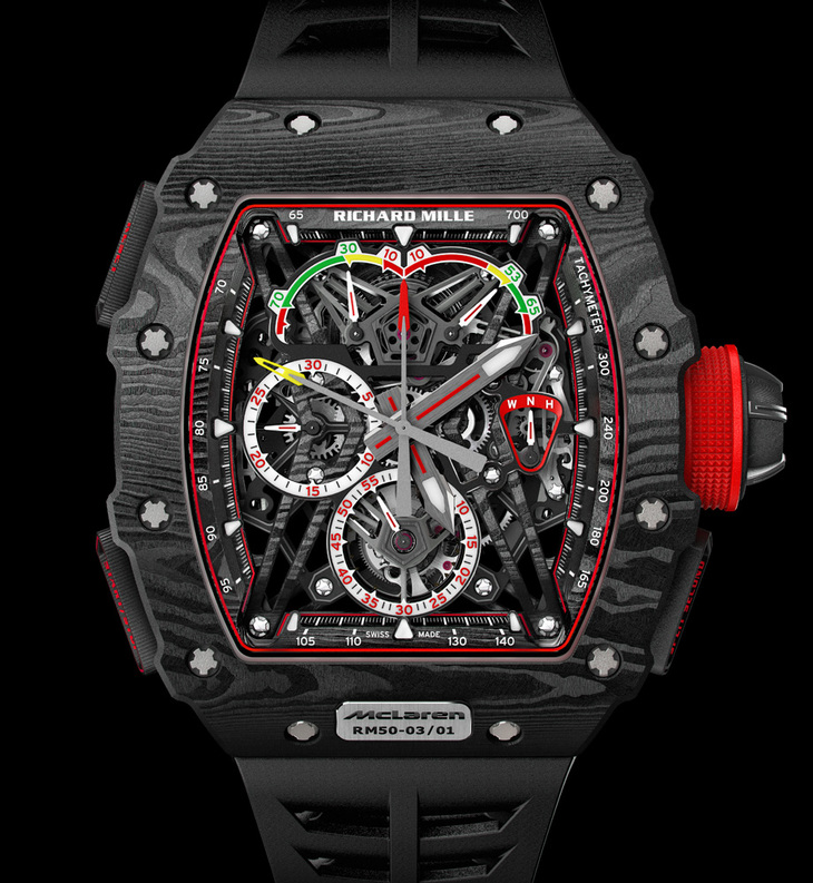 こちらは2017年に発表された「RM 50-03トゥールビヨン スプリットセコンド クロノグラフ ウルトラライト マクラーレンF1」（写真は発表当時のもの）。腕時計の精度を高める超複雑機構を備えながら、希少な軽量素材の採用により、本体は7g、ストラップも含めた総重量でも40gという超軽量を実現した。1億円を超える高価格にて、75本の限定販売。