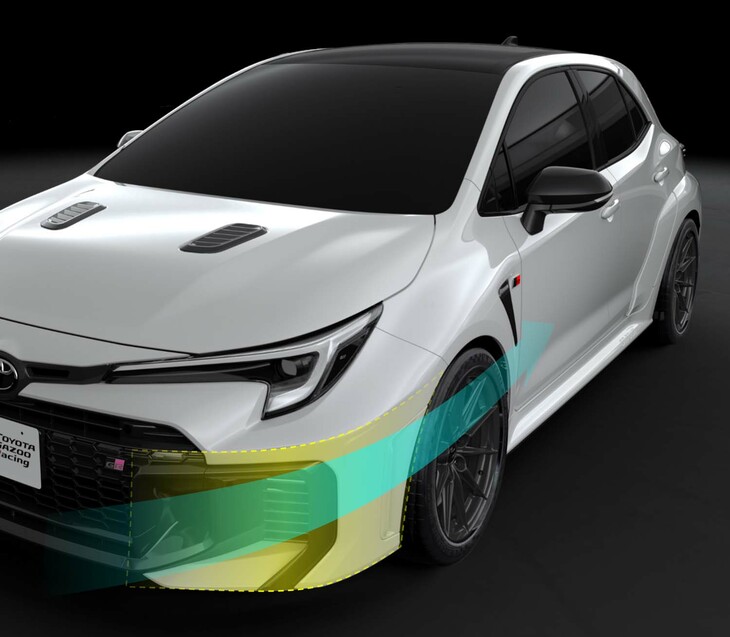 小さな段差を設けることで、バンパーコーナー部からの空気の剥離を抑制。走行時の操縦安定性向上が追求されている。