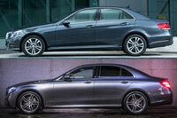 4代目（上）と5代目（下）の「Eクラス」のサイドビュー。特徴的な、下部にボリュームを持たせたトランク背面を含め、そのフォルムやプロポーションはほぼ共通となっている。