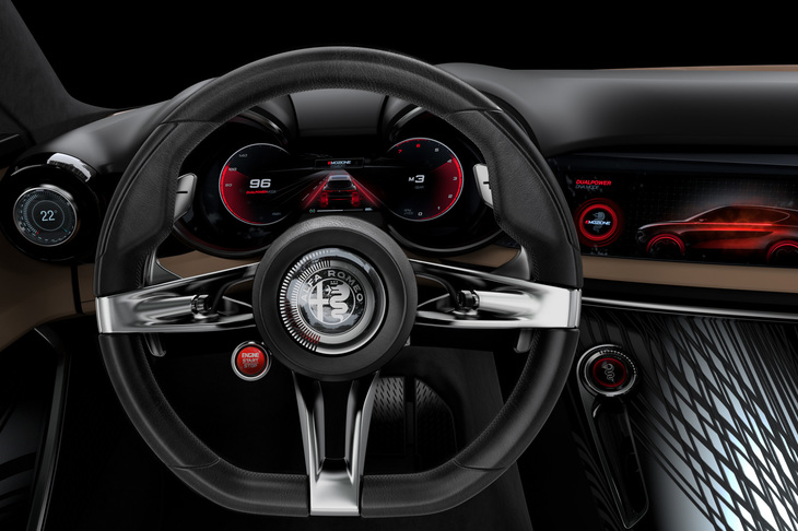 ステアリングホイールのセンター左下にエンジンのスタート／ストップスイッチが備わる。