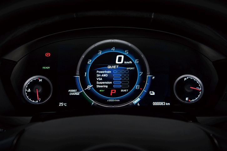 「インテグレーテッドダイナミクスシステム」では、走行モードに応じてメーター内の表示が切り替わる。（写真をクリックすると、走行モードごとの表示が見られます）