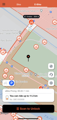 各車両のアイコンをタップすると、事前に料金が分かる仕組みだった。電動アシスト型の場合、リアルタイムのアシスト可能距離も。