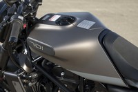 ブロンズとブラック、シルバーでコーディネートされる「スヴァルトピレン701スタイル」。スタイリッシュな燃料タンクのアウターシェルは樹脂製になっている。