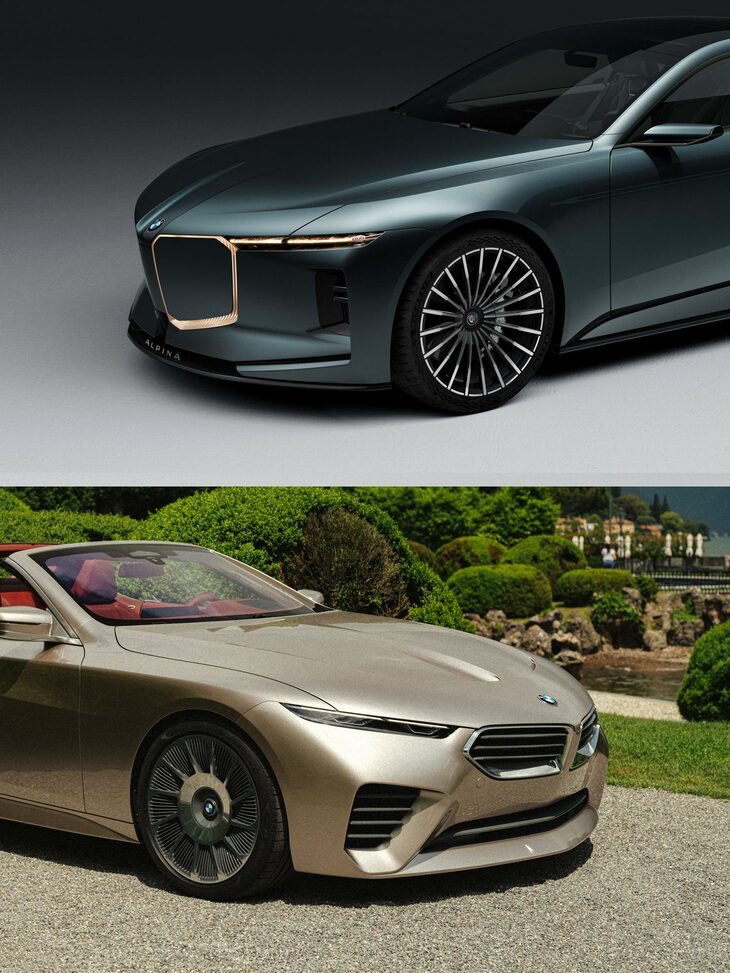 「ビジョンBMWアルピナ」（2026年）と「BMWスカイトップ」（2024年）。皆さんはどちらのフロントマスクのほうがいいと思いますか？