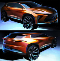 「クラウン エステート」のデザインスケッチ。フロントの“ハンマーヘッドフェイス”やボディーサイドのリフレクション、ガラスエリアの切り欠きに、横一文字のリアコンビランプ等々、各所に市販モデルの面影が見てとれる。