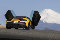 ドアはスーパーカーらしいはね上げ式。真上ではなく斜め上に開くため、乗り降りにはそれなりのスペースが必要だ。